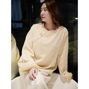 暗纹提花丝绒拼接水貂温柔打底衫 奶fufu 奶皮子打底衫 若芙｜