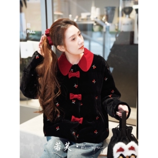 若芙｜【红了樱桃】金丝绒樱桃刺绣娃娃领外套冬季白鹅绒羽绒服