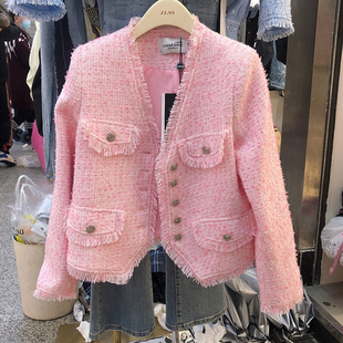 薄荷绿小香风短款外套女2025春新款流苏毛边V领单排扣粗花呢上衣