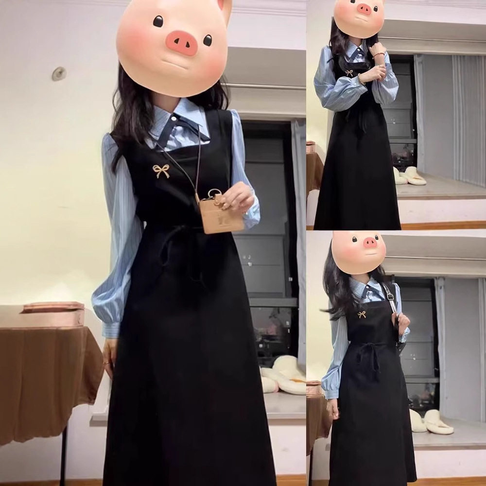 假两件学院风长袖连衣裙子女