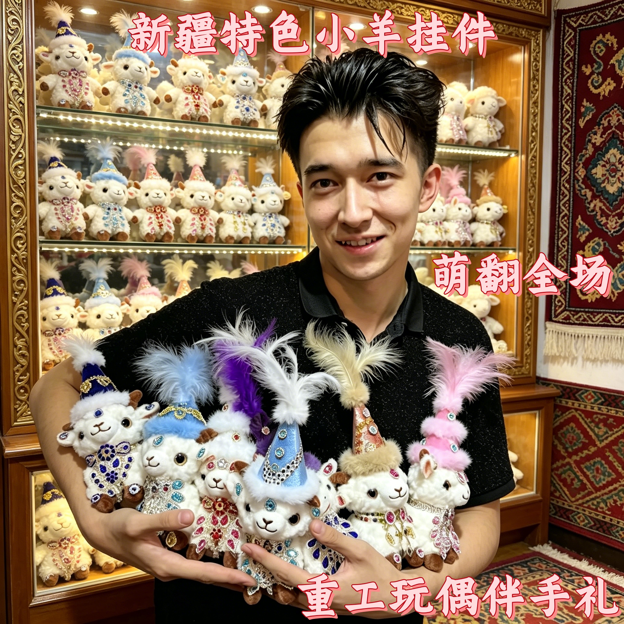新疆小羊礼袋特色宝石毛绒花帽钻石玩偶仔挂件文创旅游纪念钥匙扣