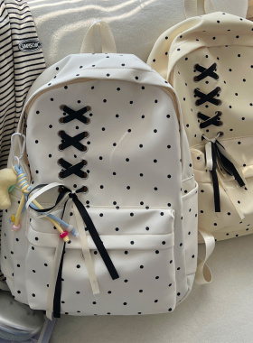 高颜值波点少女初中生书包女 蝴蝶结大容量ins小众校园轻便双肩包