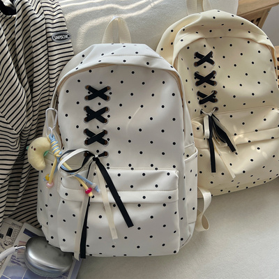 高颜值波点少女初中生书包女 蝴蝶结大容量ins小众校园轻便双肩包