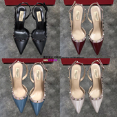 2025春夏新款 女 真皮凉鞋 铆钉一字带扣高跟鞋 尖头细跟包头柳丁单鞋