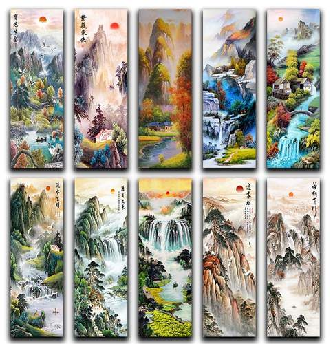 自粘长条山水画隔断屏风新中式