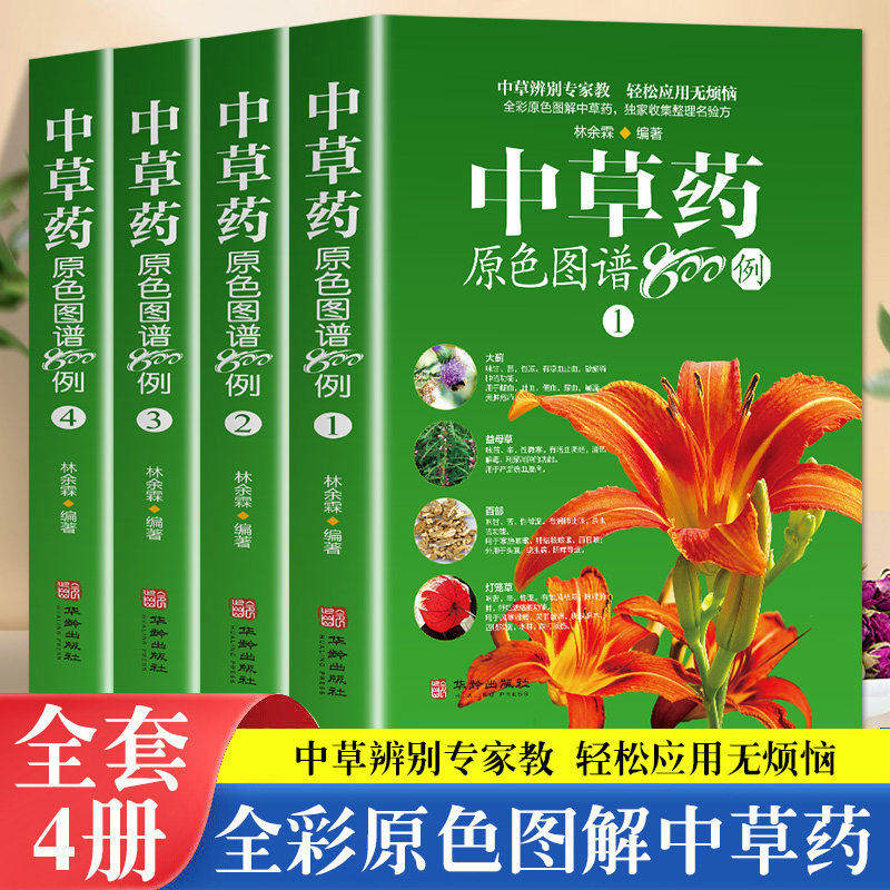 中草药原色图谱800例正版4册 中草药彩图大全书 中医药学草药图鉴百科全书 野外药用植物中草药识别应用原色图谱中药材药学书籍