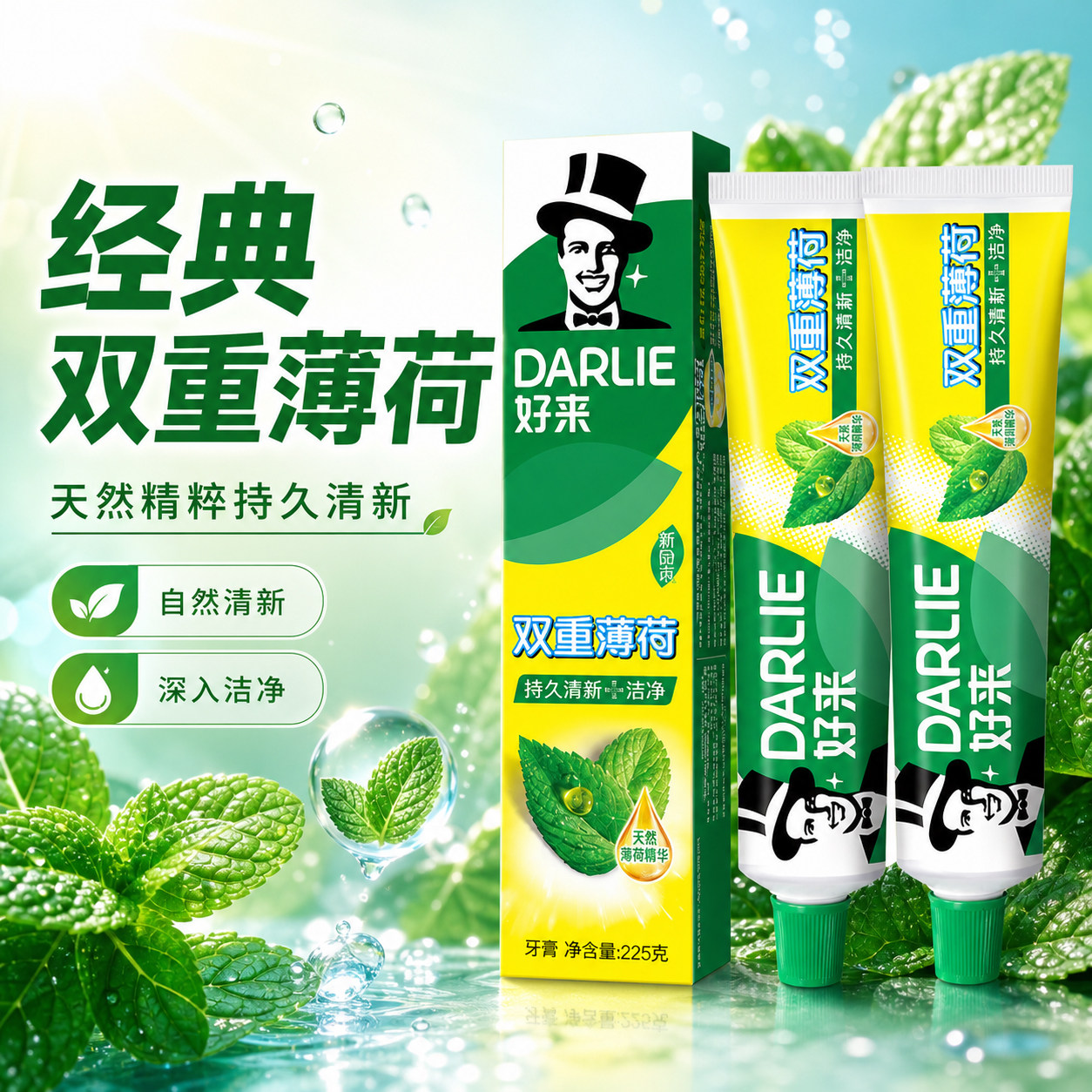 好来原黑人牙膏含氟225g双重薄荷