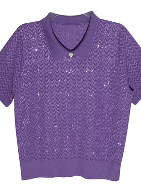 夏季薄款女装翻领紫色短袖纯莱赛尔天丝波浪纹亮片时装针织套头