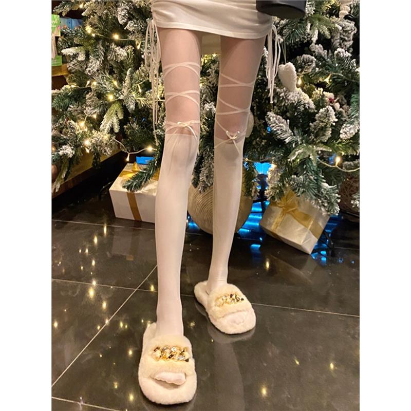 纯欲白色中筒丝袜女性感过膝蝴蝶结绑带光腿连裤袜套2023春季袜子