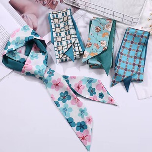 气质显白孔雀蓝丝巾发带韩版春夏长款仿真丝领巾绑包腰带发饰