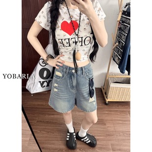 浅色破洞牛仔短裤 女夏薄款 大码 梨形身材胖mm宽松显瘦阔腿a字热裤