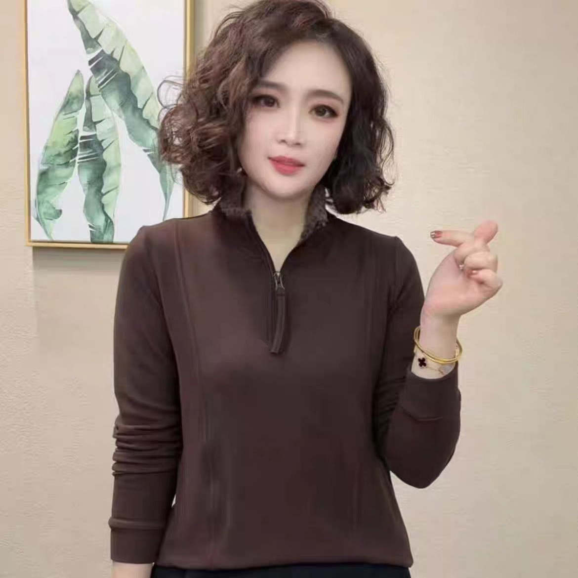 妈妈秋冬时尚百搭半拉链长袖卫衣女中年休闲宽松双面绒打底衫上衣