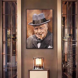 复古酒吧雪茄挂画丘吉尔装饰画名人黑白海报画像工业美式餐厅壁画