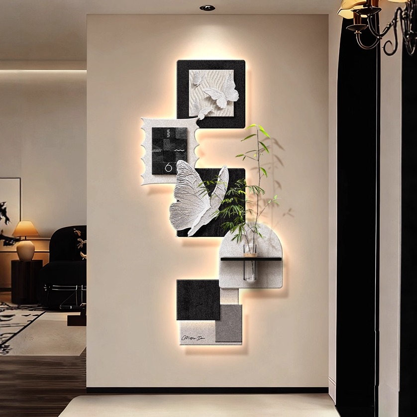 法式挂钟玄关装饰画入户正对门壁画现代风走廊过道挂画高级感时钟