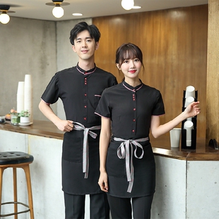 火锅酒楼服务员工服短袖西餐厅酒吧咖啡男女春夏季装红色衬衣立领