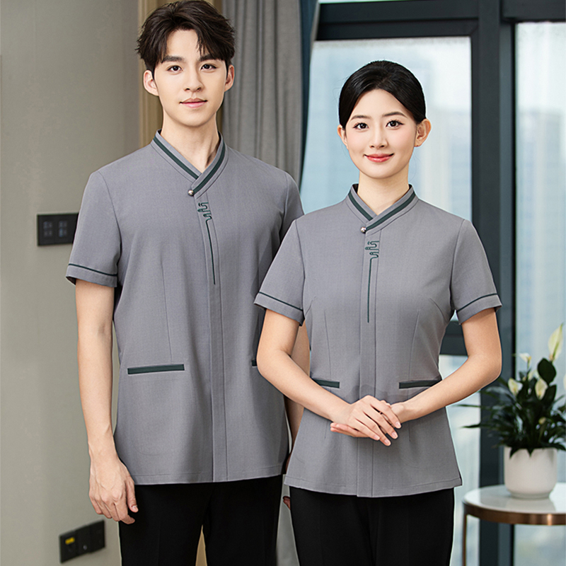 中式服务保洁员工作服酒店宾馆家政清洁男女短袖春夏装拼色V斜领