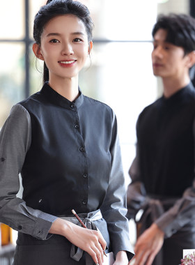 立领拼色服务员服长袖春秋冬季