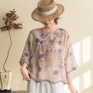 套头衬衣小衫 女文艺圆领斜襟刺绣印花中袖 苎麻T恤衫 园园美衣新款
