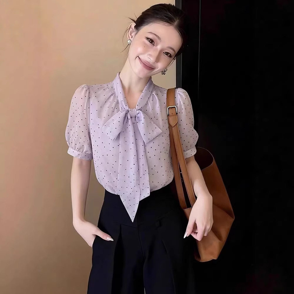 园园美衣紫色蝴蝶结系带波点泡泡袖衬衫女夏季法式显瘦短袖上衣服