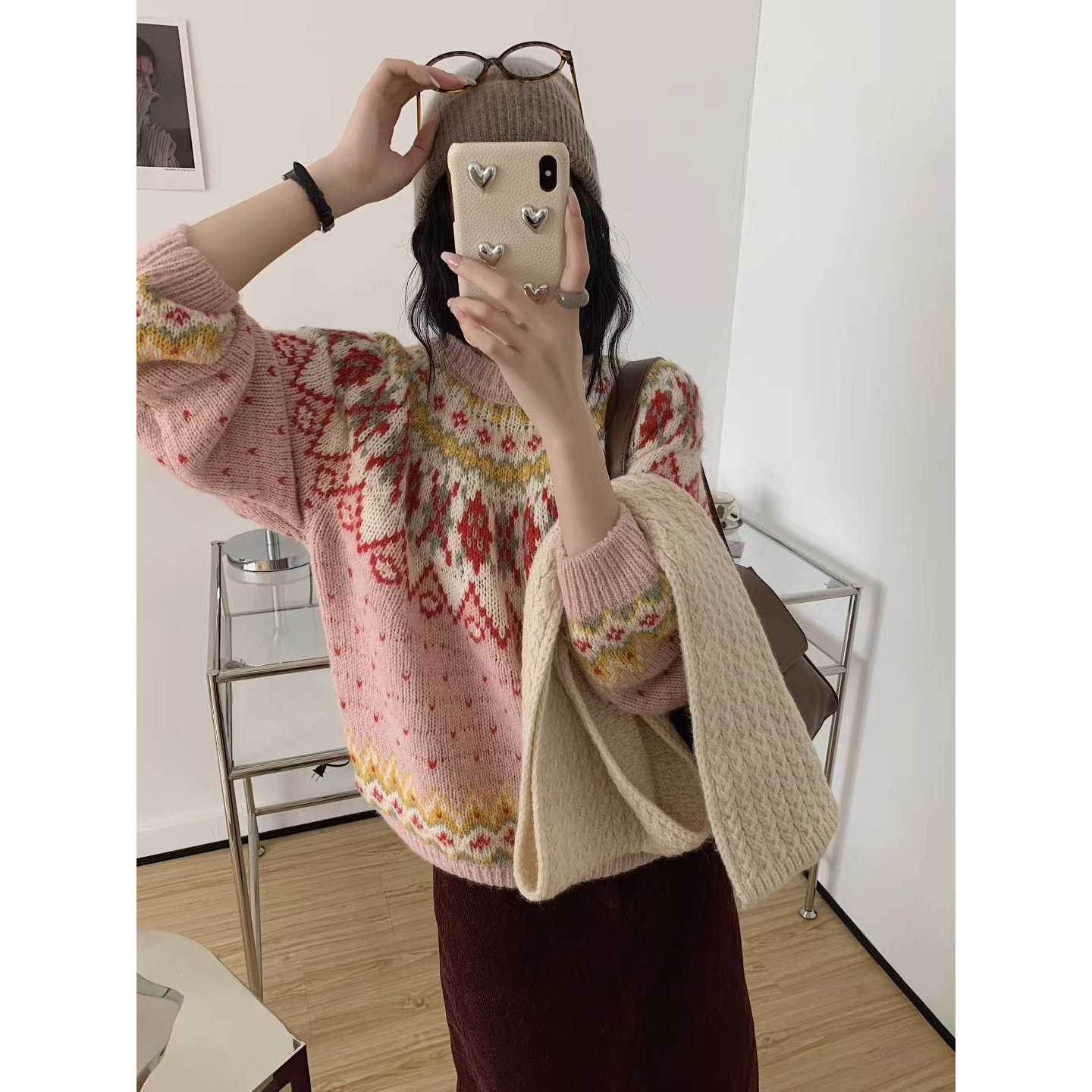 园园美衣古提花毛衣女秋冬季新款韩版宽松慵懒感温柔粉色针织上衣