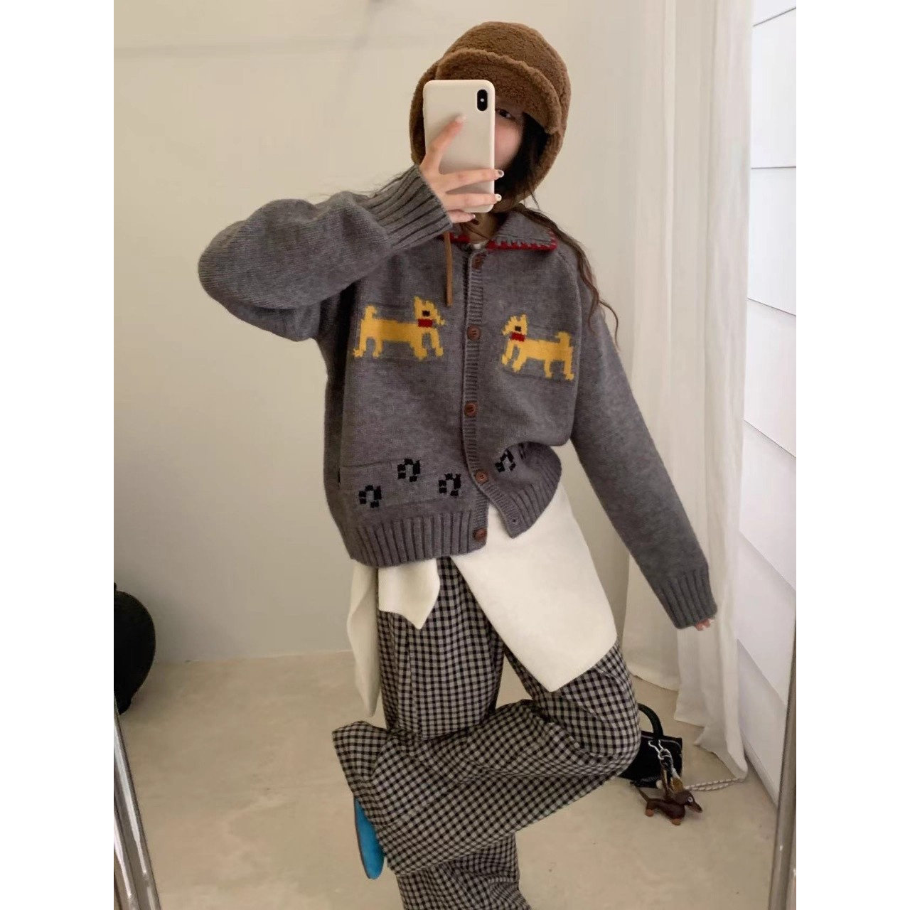 园园美衣系卡通小狗提花翻领毛衣开衫女秋冬新品宽松针织外套上衣