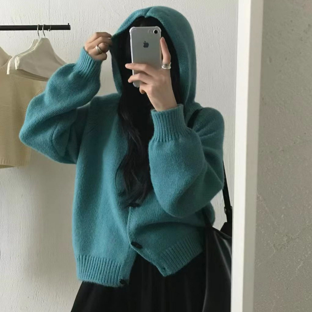 园园美衣牛角扣连帽毛衣开衫女宽松秋冬新款慵懒风显瘦针织衫外套