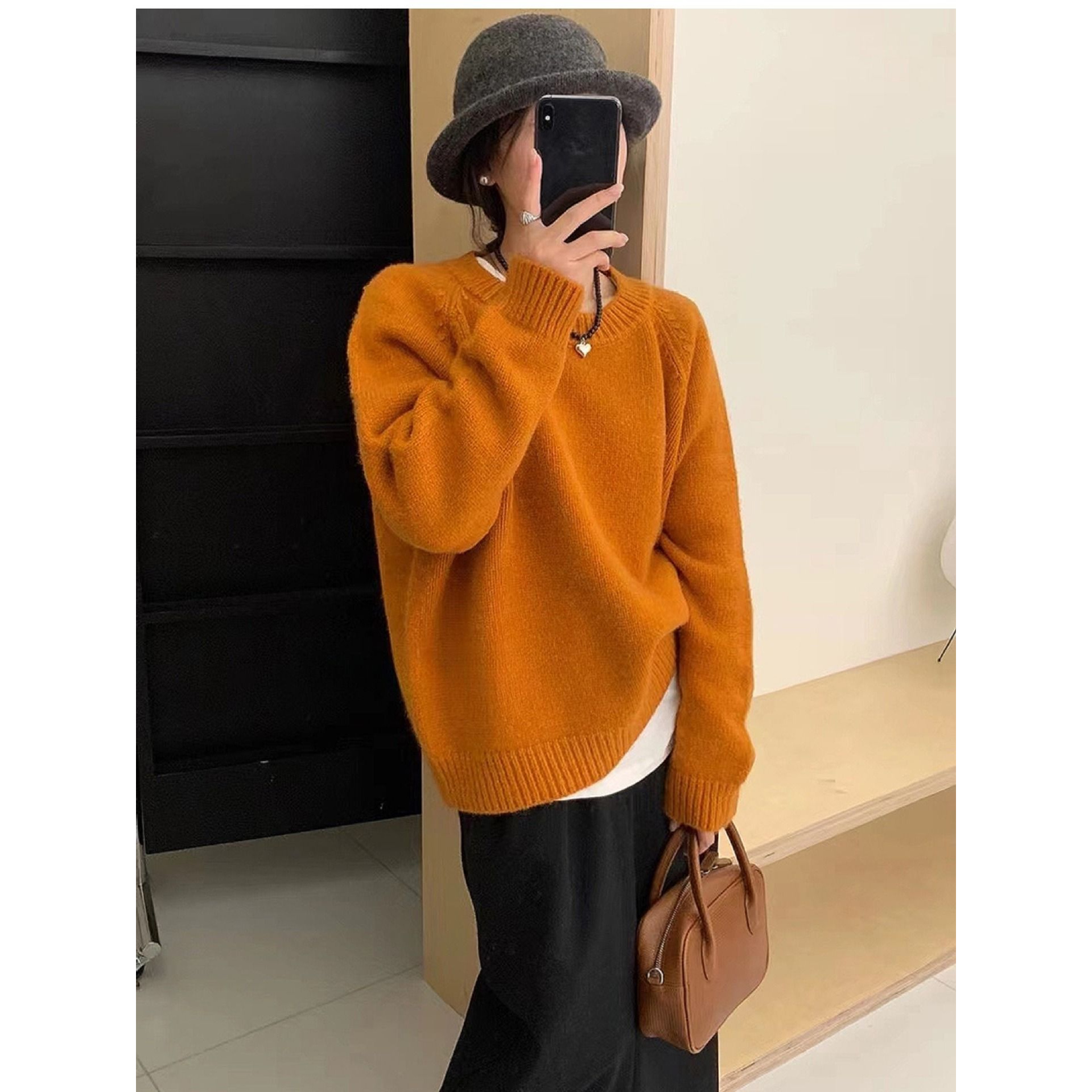 园园美衣冬新款软糯纯色圆领毛衣女慵懒加厚宽松套头针织衫上衣女