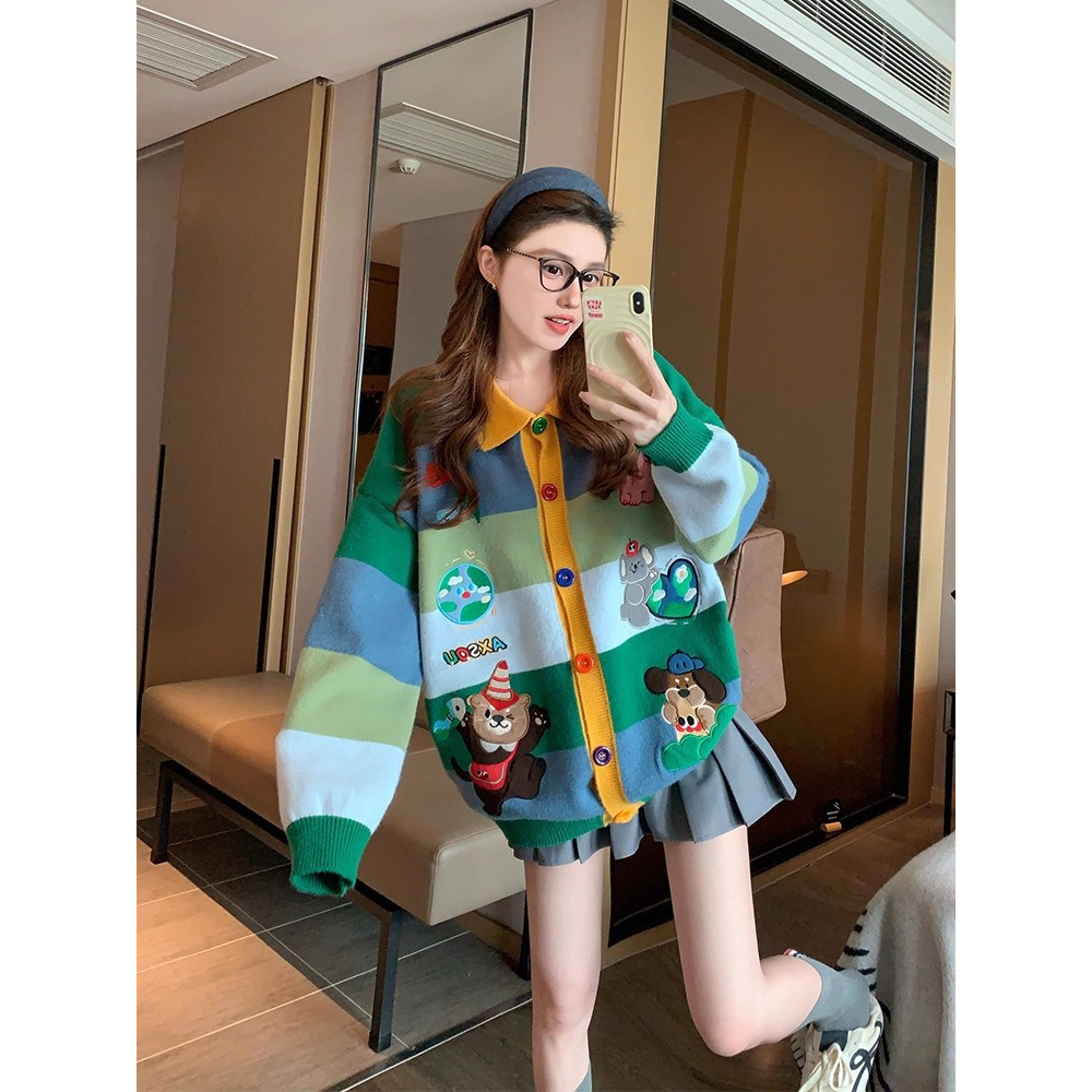 园园美衣卡通毛衣外套女2026新款冬季学院风宽松刺绣针织开衫上衣