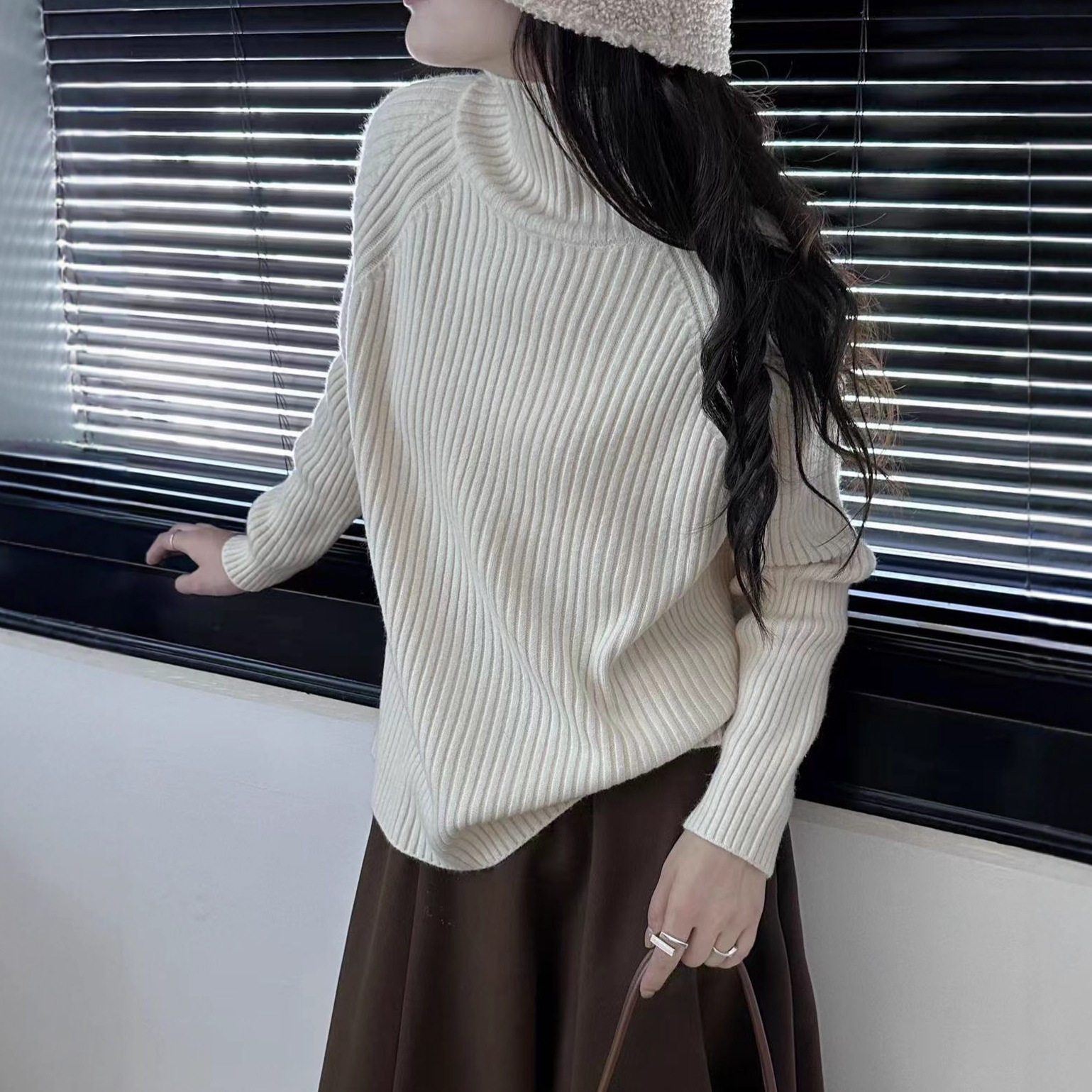 园园美衣韩系复古坑条高领毛衣女