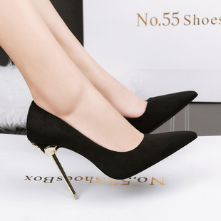 2026新款百搭黑色高跟鞋女10cm性感金属细跟法式少女尖头气质单鞋