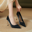 通勤百搭上班职业工作单鞋 绸缎尖头细跟单鞋 女2026新款 黑色高跟鞋