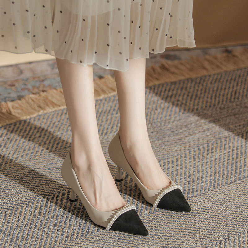 法式黑色高跟鞋女职业小香风珍珠单鞋气质尖头拼色细跟百搭工作鞋