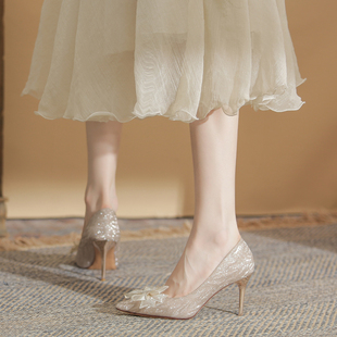 2026新款尖头水钻蝴蝶结细跟高跟鞋女气质名媛水晶婚鞋单鞋新娘鞋