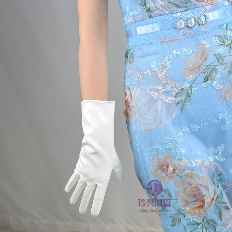 28cm仿真pu皮手套女漆皮亮白短长款表演夜店DS拍照cos