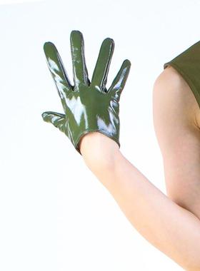 超短款漆皮手套16cm分指青年仿皮pu时尚芭莎服饰配饰军绿色迷彩