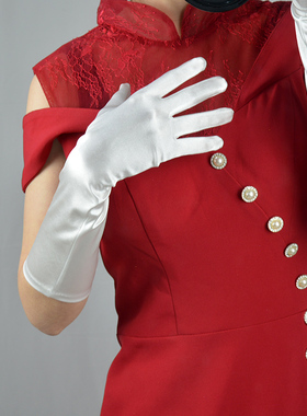 英国皇室贵族礼服手套高档白色绸缎中长舞会结婚新娘晚宴素纱防晒