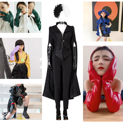 儿童皮手套漆皮长款表演出走秀T台时尚造型写真摄影艺术照黑色红