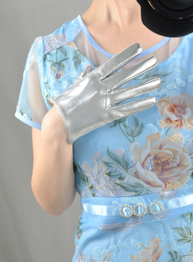 16cm包邮PU漆皮手套仿真皮仿皮亮银色灰色镜面保暖酒吧DJ歌手cos