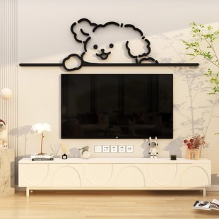 线条小狗电视机背景大白墙面装饰画挂件2026新款贴纸自粘客厅改造