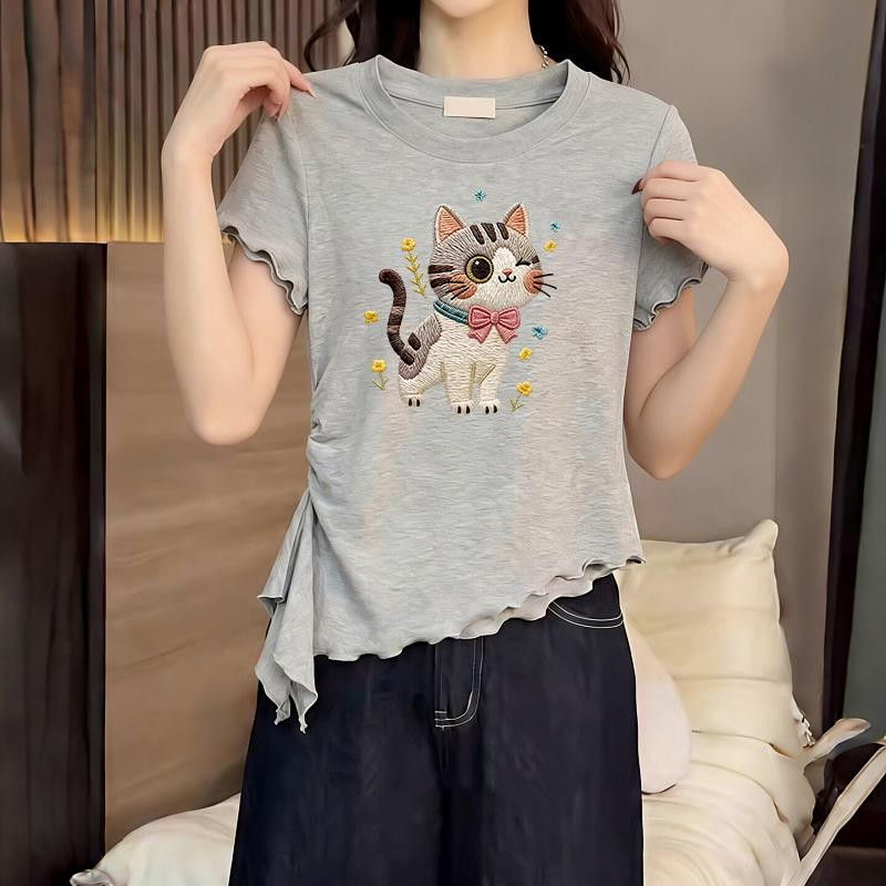 纯棉木耳边不规则短袖T恤女