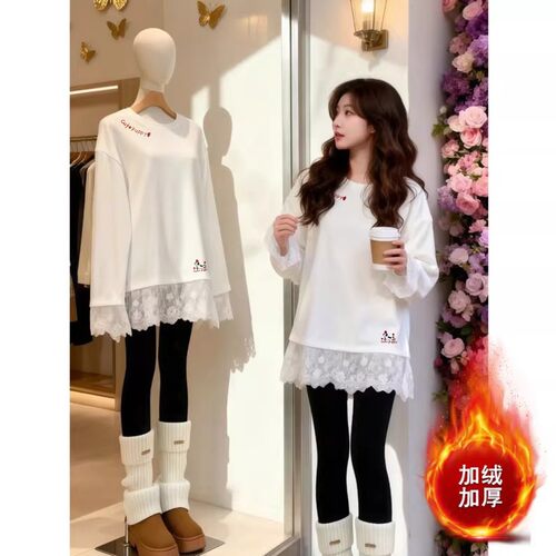 白色圆领加绒加厚卫衣女