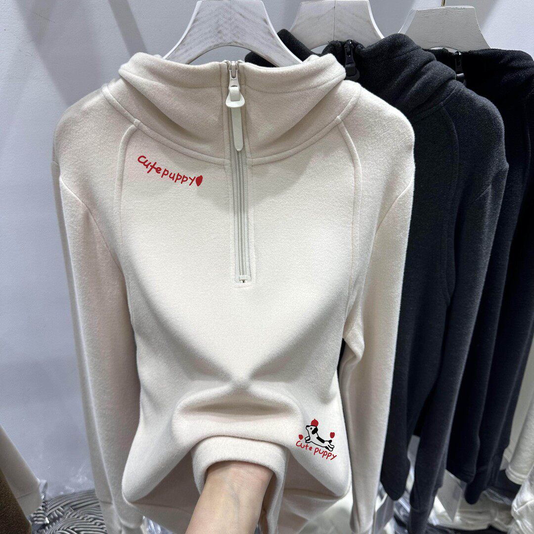 细节感满满！洋气半拉链德绒连帽卫衣女秋冬修身加绒打底衫上衣