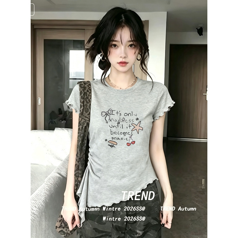 不规则木耳边短袖T恤女