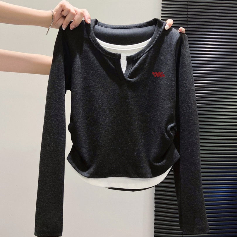 奥特莱斯~清仓捡漏撞色拼接假两件长袖T恤女秋冬洋气小众打底上衣