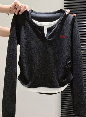 奥特莱斯~清仓捡漏撞色拼接假两件长袖T恤女秋冬洋气小众打底上衣