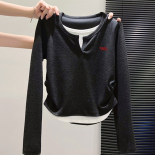 奥特莱斯 T恤女秋冬洋气小众打底上衣 清仓捡漏撞色拼接假两件长袖