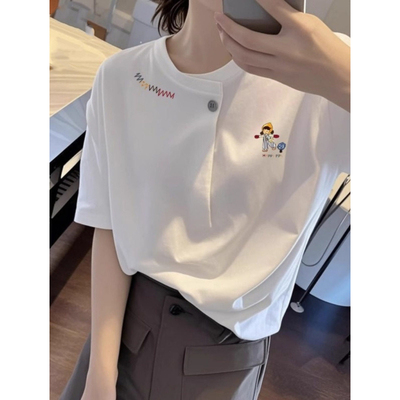 一字扣白色短袖t恤女打底上衣