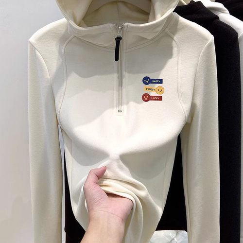 半拉链磨毛德绒连帽卫衣女