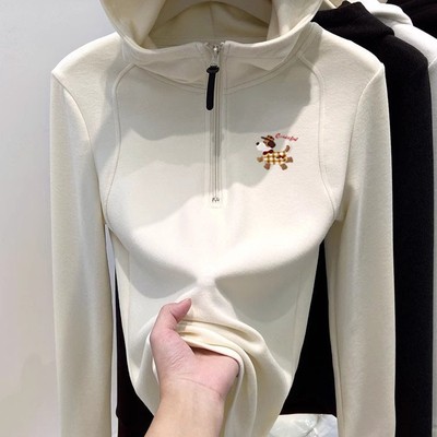 磨毛德绒半拉链加厚连帽卫衣女