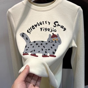 上衣 T恤女洋气猫咪打底衫 奥特莱斯 清仓捡漏软糯双面磨毛德绒长袖